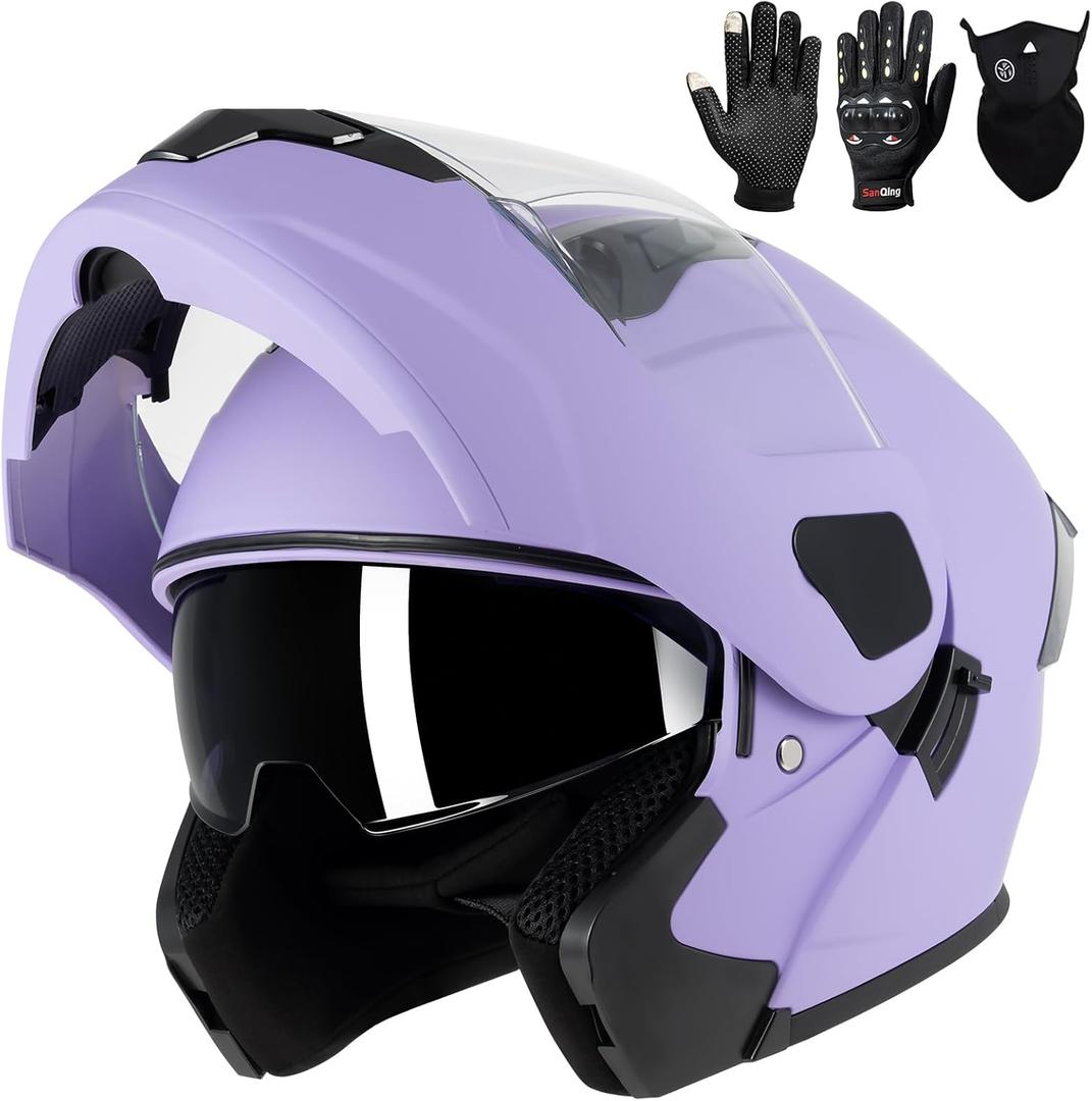 Adult Modular Motorcycle Helmets, DOT Approved Flip up Dual Visor Full Face Helmet for Men Women Moto ATV UTV Snowmobile ADV Four Wheeler Street Bike with Gloves & Mask (Small, Purple)