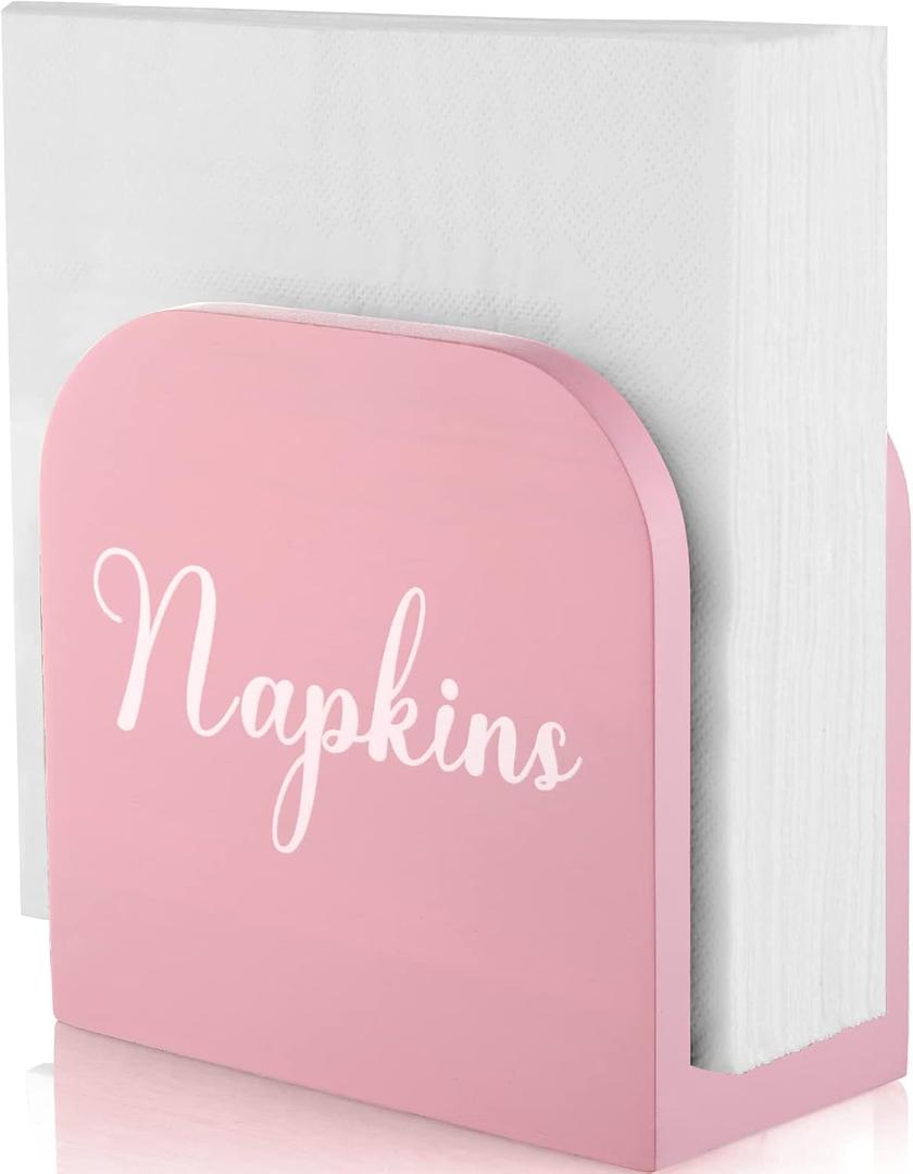 ALELION Pink Napkin Holder for Table - Wooden Napkin Holders for Kitchen - Pink Kitchen Decor and Accessories for Dining Room Table - Wood Napkin Dispenser (Lettered)