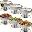 IMACONE Chafing Dish Buffet Set of 6, 5QT Round Stainless Steel Chafer for Catering, Upgraded Chafers and Buffet Warmer Sets w/Food & Water Pan, Lid, Gold Frame, Fuel Holder for Party Wedding Holiday