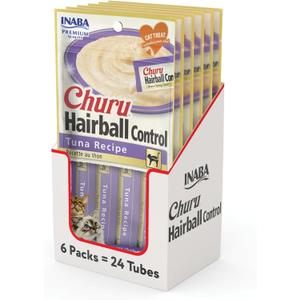 INABA Churu Hairball Control, Functional, Creamy Lickable Pure Cat Treat with Taurine & Vitamin E, 0.5 Ounces Each, 24 Tubes (4 per Pack), Tuna Recipe INABA Churu Hairball Control, Functional, Creamy Lickable Pure Cat Treat with Taurine & Vitamin E, 0.5 Ounces Each, 24 Tubes (4 per Pack), Tuna Recipe