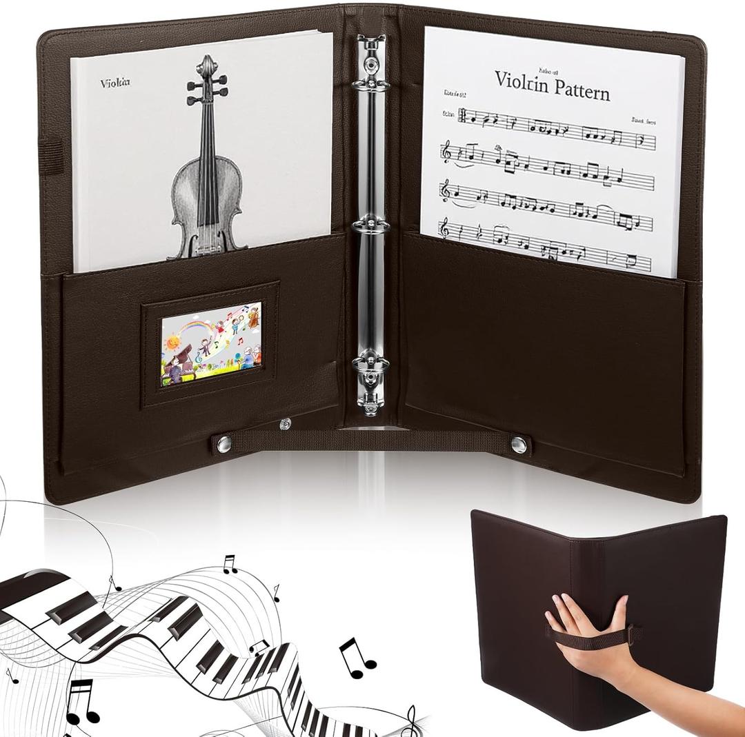 Sheet Music Folder 3 Ring Brown(13" x 9.8"), Large PU Leather Choir Folder with Hand Strap and Internal Retention Strap for Piano, Choral, Musician & Stage Performance (Brown)