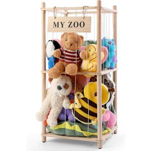 GLDZI Stuffed Animal Storage Zoo, Wooden Stuffed Animal Organizer with Elastic Cords for Boys Girls, Space Saving Toy Plushies Storage Holder for Playroom, Bedroom, Living Room (Burlywood, Small)