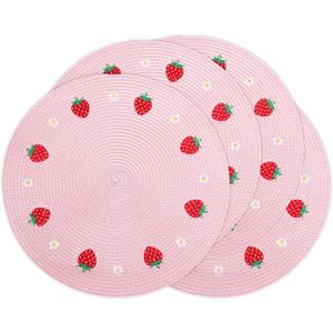 Whaline 4Pcs Round Placemats Daisy Strawberry Embroidered Place Mats Summer Strawberry Dinner Table Mats for Home Wedding Baby Shower Birthday Party Decor