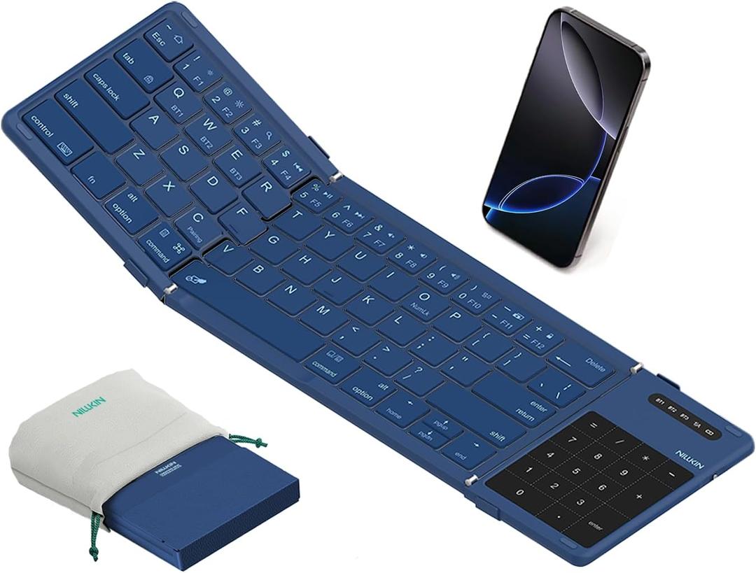 Nillkin Upgraded Foldable Bluetooth Keyboard with Touchpad & Number Pad, Portable Wireless Keyboard for Travel, Pocket-Sized, Full Size Keys, Support 3 Devices for iPad Laptop Tablets Phone, Blue