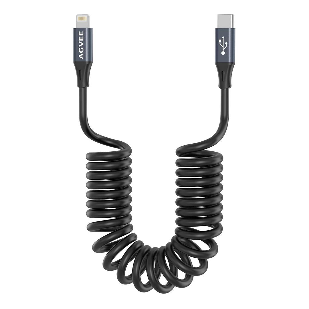 AGVEE 5ft Coiled Short USB-C to Lightning Charging Cable [MFI Certified] 30W PD Fast Charger Cord in Car for iPhone 14/13/12/11/XS/8/7/6/5 CarPlay, iPad, iPod, Dark Gray