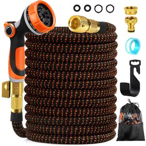 Garden Hose, Flexible Expandable Hose, 15m, Black and Orange, TPE and Fabric, 10 Function Nozzle, Wall Mount Attachment, 1 Pack