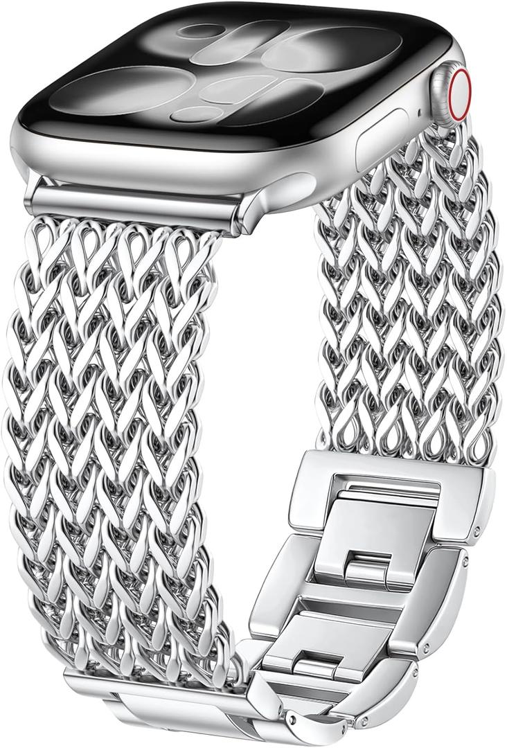 Metal Band Compatible with Apple Watch Bands for Women 40mm 41mm 42mm 38mm 44mm 45mm 46mm 49mm, Dressy Stainless Steel Link Bracelet, Designer Strap for iWatch Series 11/SE/10/9/8/7/6/5/4/3/2/1/Ultra (Silver)