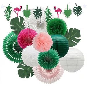 14 Pcs Tropical Party Decorations Set - Pre-Strung Flamingo Banner, Paper Fans, Lanterns & Palm Leaves - Hawaiian Themed Luau Party Decorations for Summer Beach, Pool & Birthday
