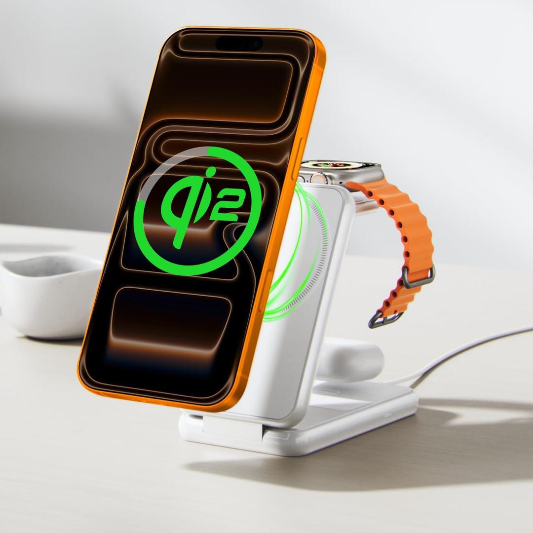 iVANKY Qi2 Certified Wireless Charging Station for iPhone 17, 3 in 1 Foldable Charger for MagSafe Magnetic Stand for iPhone 17/16/15/14/13/12/11/X Pro/Max/Plus/Air, Apple iWatch, Airpods
