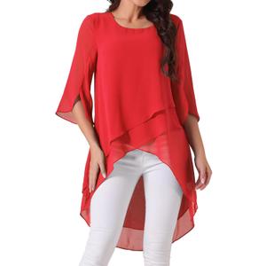 Seta T Women's High Low Tops Scoop Neck Chiffon Blouse Asymmetrical Loose Shirt 3/4 Sleeve Casual Summer Tops (X-Large, Red)
