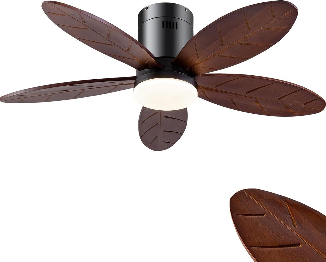 42" Tropical Flush Mount Ceiling Fan with Light 5 Solid Walnut Black