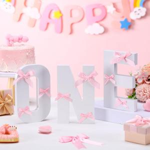 Bow Wooden One Sign for 1st Birthday Baby Shower Photo Prop First Birthday Decoration Photo Prop Cake Smash Props Table Centerpiece for Girls Baby Shower Party Decor(Pink)