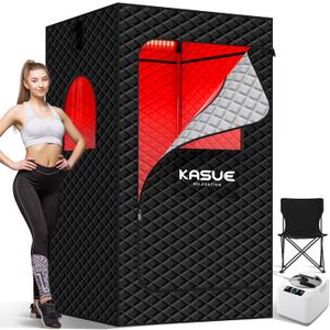 KASUE Portable Steam Sauna Tent for Home, Infrared Sauna with 3L Steamer, 9 Temp Levels & 99 Min Timer, 5-Layer Waterproof Insulated, Folding Chair Included, Indoor Spa (Light Black) (1 Person)