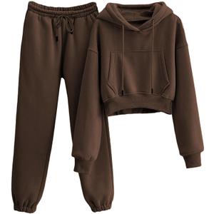 Tanming Women 2 Piece Outfits Sweatsuit Crop Fleece Lounge Set (Brown, S)
