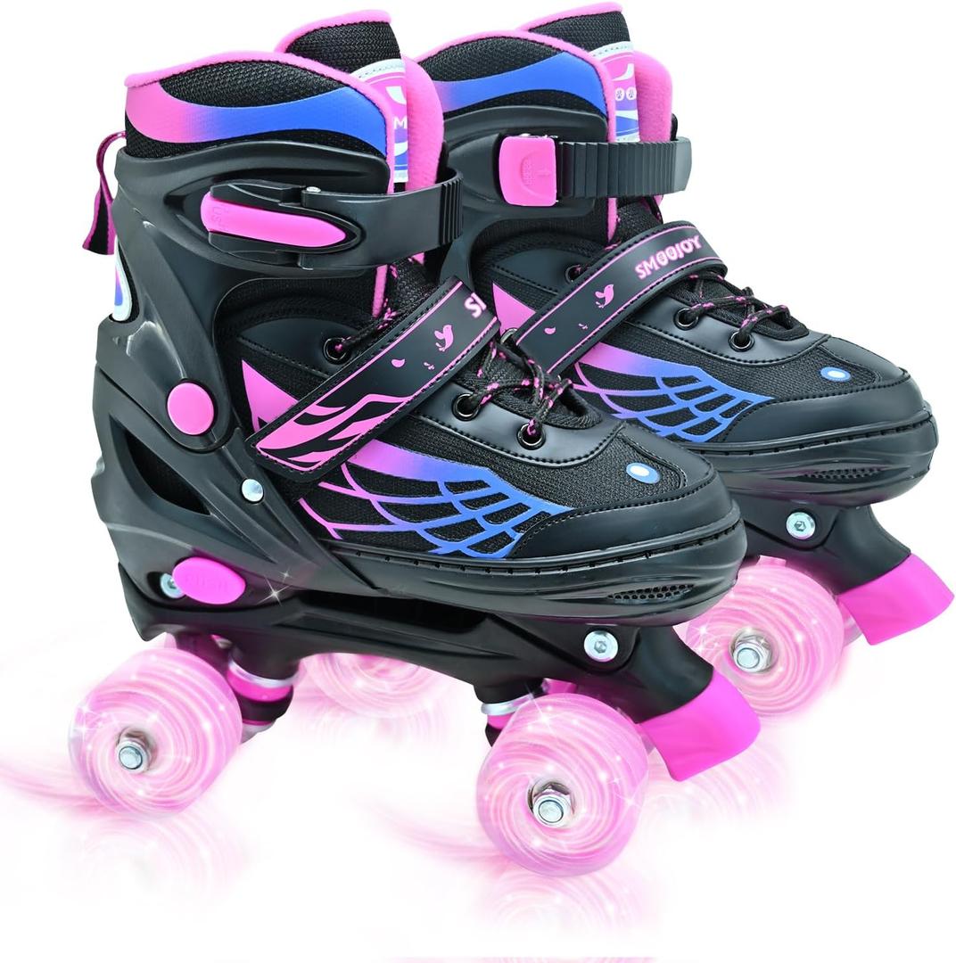 Roller Skates for Boys Girls, Kids Skates, Adjustable Roller Skates with Light Up Wheels for Ages 3-12 RollerSkates for Youth Beginner (Black & Rose red) M