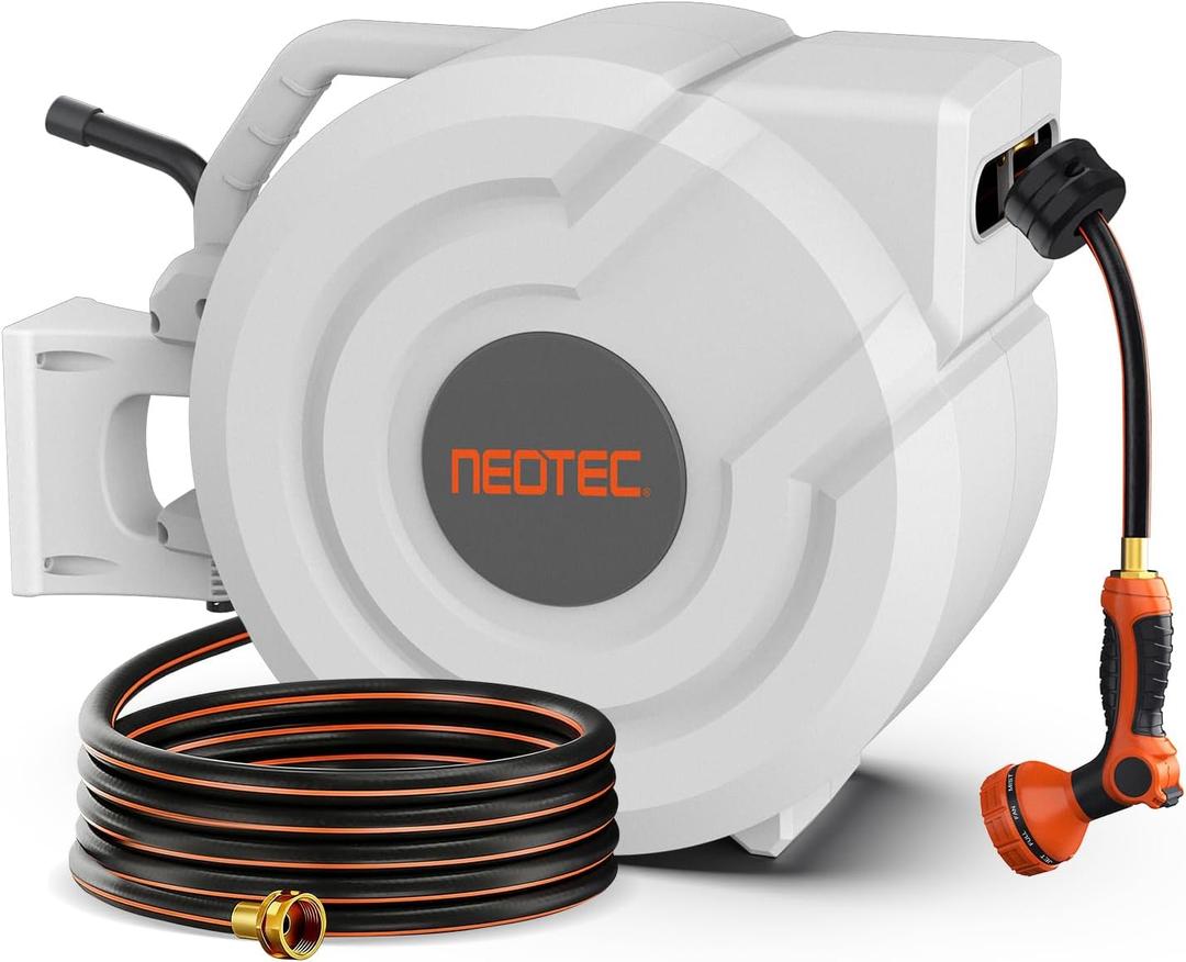 5/8 in 115ft Retractable Garden Hose Reel with Auto Rewind Any Length Lock Heavy Duty Hose Reel,9-Pattern Nozzle,180°Swivel,UV Resistant Wall Mount Water Hose Reel for Outdoor Garden Car Pet Patio
