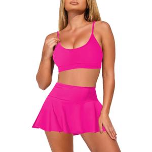 Pink Queen Women's High Waisted Bikini Set Two Piece Swimsuit Scoop Neck Spaghetti Straps Swim Skirt Bathing Suit (Medium)