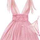 Sexy V Neck Slip Mesh Polka Dots Floral Lace Sheer Exotic Babydoll Lingerie Dress 2 Piece (Small, Pink)