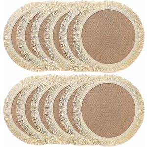 FunWheat Burlap Round Braided Placemats Set of 12 for Dining Tables 15 Inch Heat Resistant Jute Table Mats Farmhouse Woven Fabric Natural Place mats for Fall Decorations Indoor Outdoor(Beige)