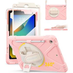 BRAECN Case for ipad 9th/8th/7th Generation 10.2'' Heavy Duty Screen Protector 360 Rotating Stand Handle Pencil Holder Shockproof Drop Protection Shoulder/Hand Strap Durable Kids-Friendly (Sakura Pink)