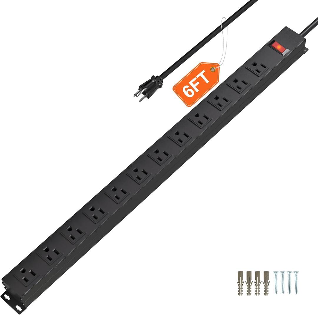 12 Outlet Long Power Strip with 15A Circuit Breaker,Black Wall Mount Heavy Duty Power Strip with 6FT/14AWG/15A/125V Extension Cord for Industrial,Garge,Office,Home and School,Black(6FT)