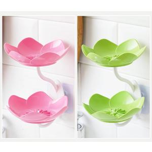 2 Pack Soap Dish Holder for Shower Bar Double Layer Cute Lotus Shape Adhesive Tray Sink Wall Mounted Shampoo NO-Drilling Self Draining Hanging Saver Rack Plastic Bathroom Bathtub KitchenPink+Green