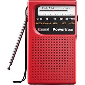 PowerBear Portable Radio | AM/ FM, 2AA Battery Operated with Long Range Reception for Indoor, Outdoor & Emergency Use | Radio with Speaker & Headphone Jack (Red)