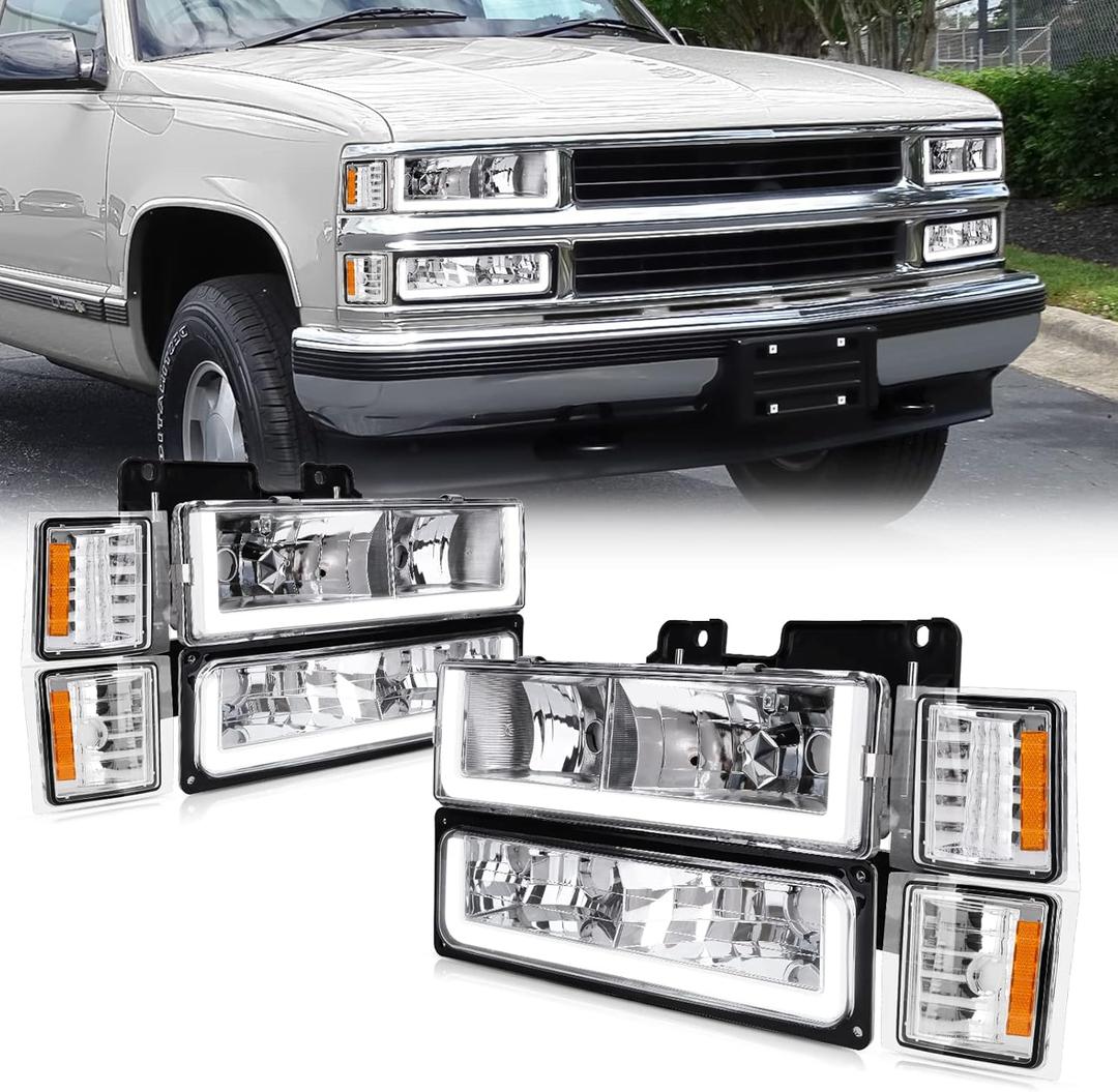 POLLY WALES Headlights Assembly Compatible with 1994-1998 Chevy Silverado/Tahoe/Suburban/C10 - Chrome Housing Clear Lens Amber Reflector (with Ultra Bright Led DRL)