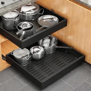 Pull out Cabinet Organizer, 1 pack, 16.5" Deep Heavy Slide out Drawers, Upgrade Three Triple-Slide Rail Systems, Expandable 12.8"-20.8" Roll out Shelf Storage for Kitchen Base Cabinet Organization