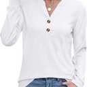 Women Button Down Henley Shirts V Neck Long Sleeve Fashion Dressy Casual Tops Trendy Blouses Loose Fit Tunic (White, XL)
