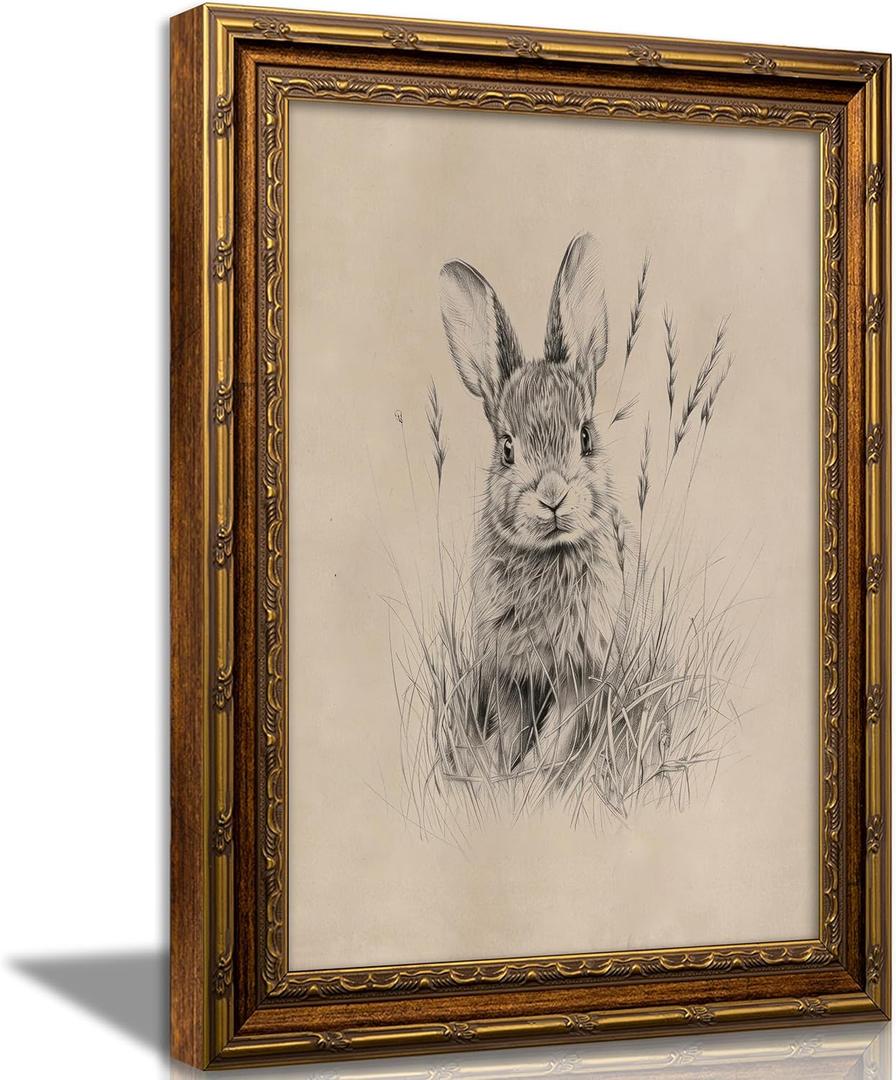 Vintage Gold Framed Easter Bunny Canvas Wall Art Vintage Rabbit Wall Decor Spring Farmhouse Animal Sketch Print Artwork Sketch Rabbit painting Picture for Farmhouse Bedroom Living Room 12X16in