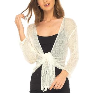 SHU-SHI Women’s Sheer 3/4 Sleeve Shrug Lightweight Mesh Knit Dressy Summer Cover Up, Open Front or Tie​​ Off-white (One size)