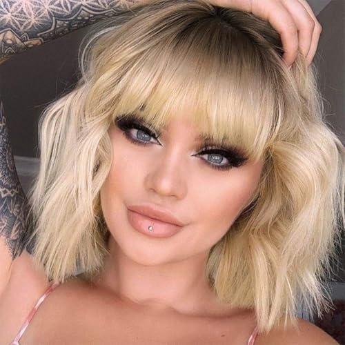 MISSQUEEN Short Blonde Wig with Bangs Synthetic Wavy Blonde Bob Wig Curly Heat Resistant Ombre Blonde Hair Wig for Women Daily Party Halloween Use