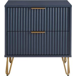 Manhattan Comfort Dumbo Fluted Nightstand with 2 Drawers, Gold Metal Legs and Metal Handles, Snap Tool-Free Assembly, Modern Bedside Accent Table with Storage for Bedroom, Living Room in Midnight Blue, Set of 1