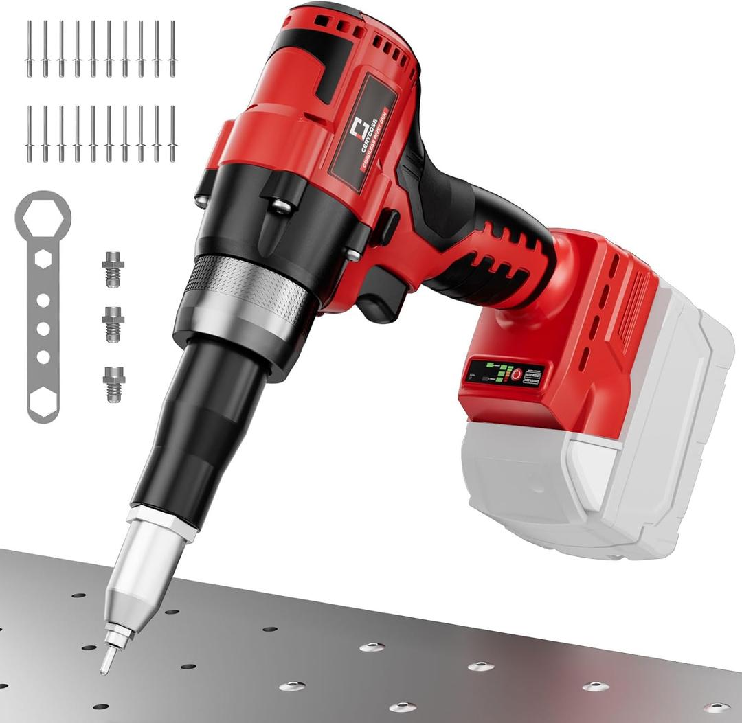 Cerycose Rivet Gun Compatible with Milwaukee 18V Battery, Cordless Rivet Tool with 3 Size (1/8", 5/32", 3/16") Aluminum Rivets, Brushless Motor Rivet Gun Kit Nose Piece, Led Light, Tool Only