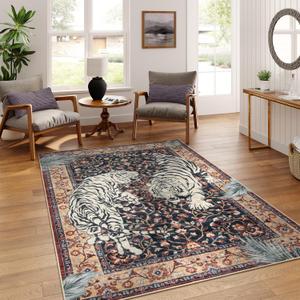 Moynesa Tiger Washable Area Rugs for Living Room, 5x7 Vintage Soft Rug for Bedroom, Non Slip Boho Ultra Thin Large Stain Resistant Throw Rug for Dining Guest Room, Puce Red