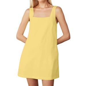 Summer Linen Mini Dress for Women Sleeveless Square Neck Tank Shift Dresses Causal Backless Solid Short Sundress (Medium, Yellow)