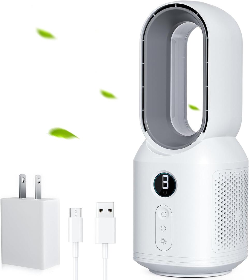let'me 13 Inch Desk Fan Bladeless, Small Table Fan, Small Office Fan with 3 Speeds and Night Light, Quiet Desktop Fan for Personal, Bedroom, Office, Nightstand, White