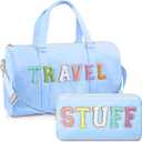 Shinylin 2 Pcs Travel Preppy Duffle Bag and Chenille Letter Makeup Pouch Cosmetic Zipper Patch Weekender Carry on Tote Bag for Women(Blue)