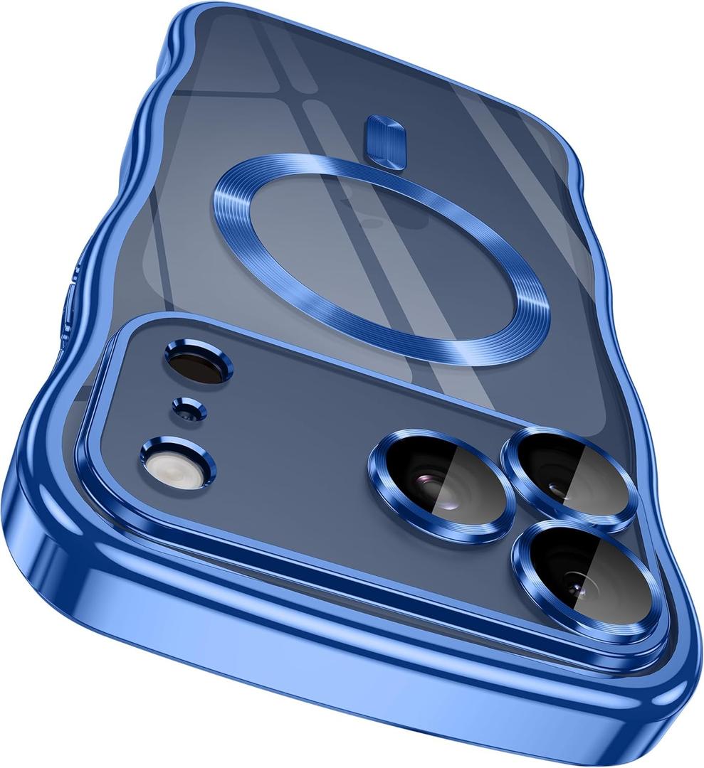 GVIEWIN for iPhone 17 Pro Max Case [Compatible with MagSafe][Upgraded Full Camera Protection][Cute Wave Frame] Glossy Slim Shockproof Protective Magnetic Phone Case for 17 Pro Max 6.9'', Clear/Blue