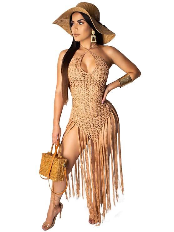 Anna-Kaci - Crochet Tassel Swimsuit for Women Summer Beach Dress (L)