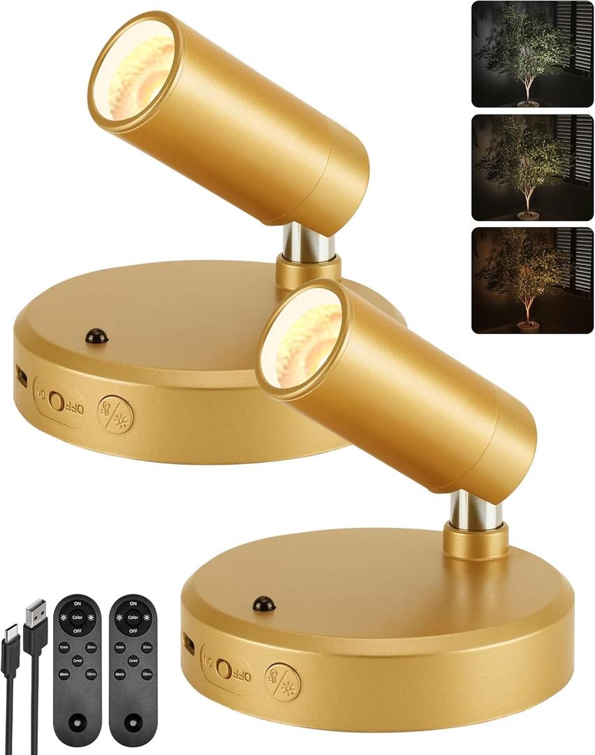 EZVALO LED Spotlight Indoor, 5500mAh Rechargeable Battery-Powered Uplights Indoor, Wireless Mini Art Accent Spot Lights with Remote, for Plants, Display, Painting, Artwork, Portrait (2-Pack-Gold)