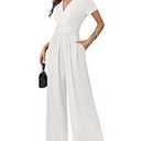 LOOKBOHO Women's Short Sleeve Jumpsuits Summer Casual Deep V Neck Dressy Casual 2026 Romper High Waist Summer Wide Leg Pants White, Small