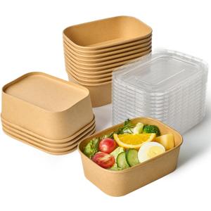 JOLLY CHEF 25 oz 50 Pack Paper Meal Prep Containers with Lids, Rectangular Disposable Food Containers, Brown Paper Bowls with Lids for Salad, Soup, Snack