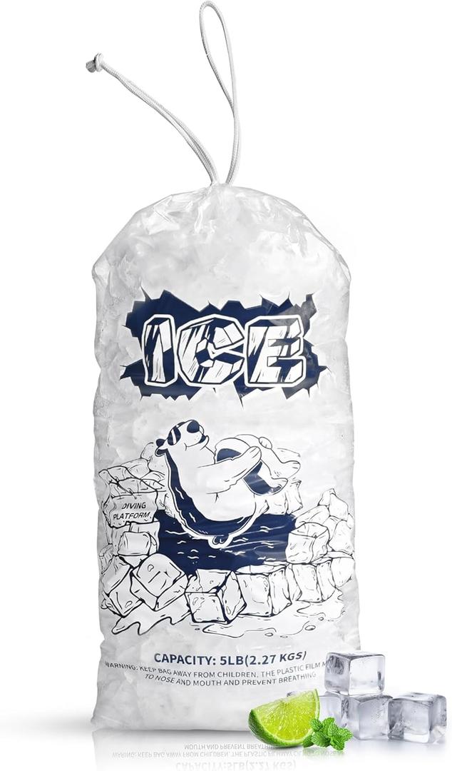 FireKylin Ice Bags 5lb with Drawstring,100 Pack Plastic Ice Bags for Ice Storage