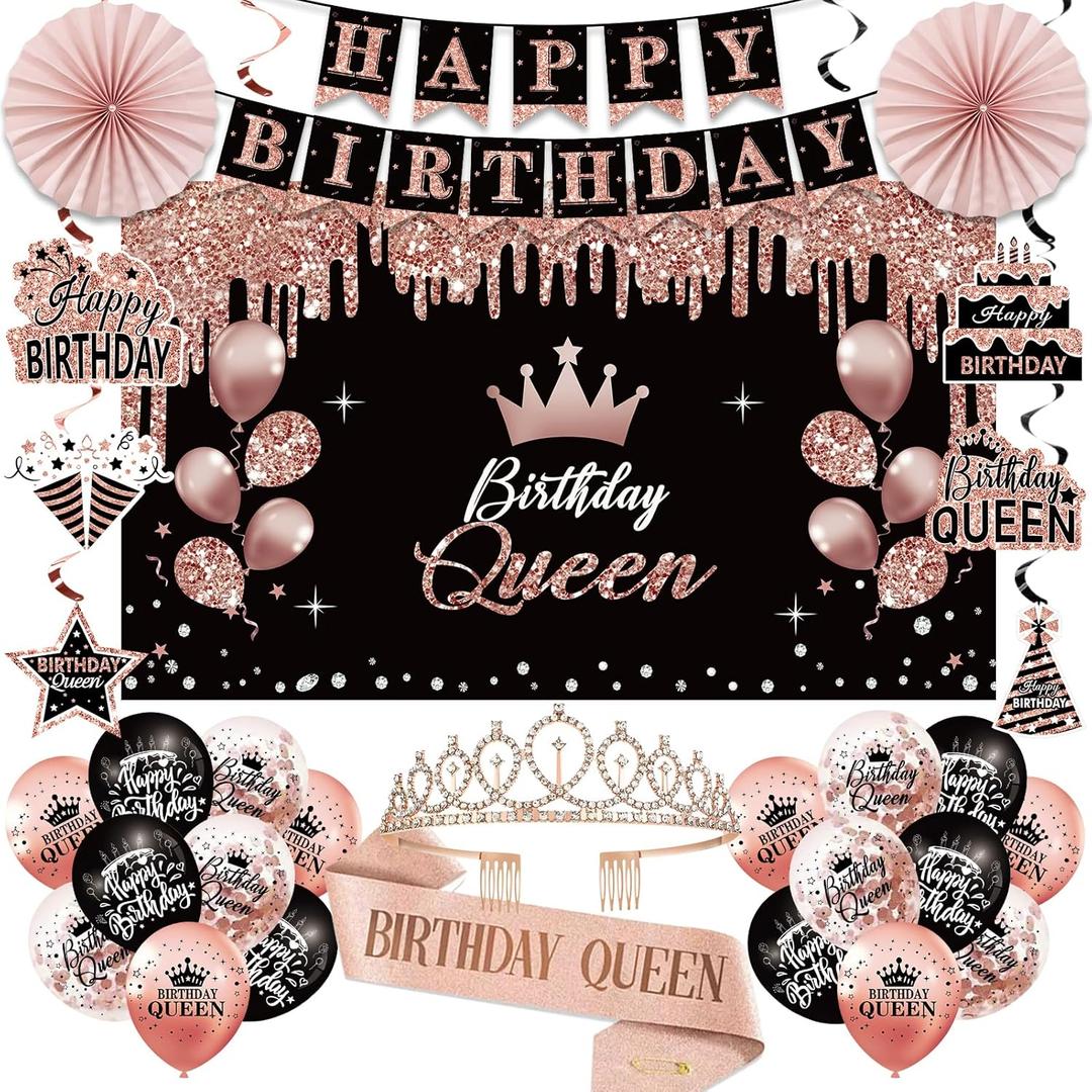Birthday Decorations for Women, Birthday Queen Crown and Sash, Black Rose Gold Happy Birthday Banner Balloons Backdrop Hanging Swirls Paper Fans Birthday Party Decorations Kit Gifts for Her