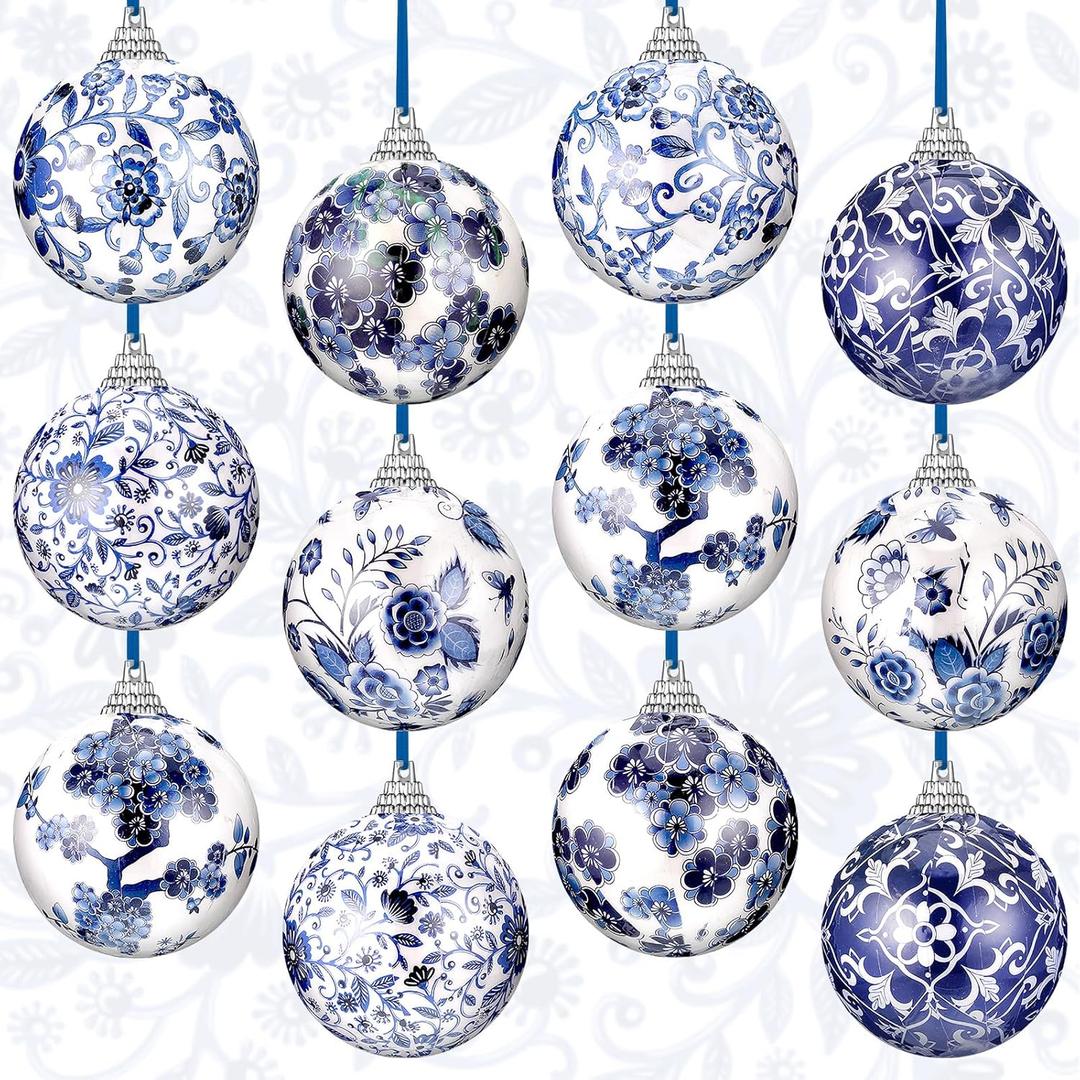 Poen 12 Pcs Christmas Chinoiserie Ball Ornaments Blue and White Chinoiserie Tree Decoration Christmas Tree Hanging Ornaments Blue White Foam Xmas Decor (3.15 Inch)