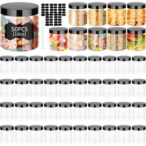 Zubebe 50 Pack 16 oz Plastic Jars with Lids Clear Plastic Mason Jars Airtight Containers Refillable Round Empty Container for Dry Food Storage, Cookie, Honey, Candy(Black)
