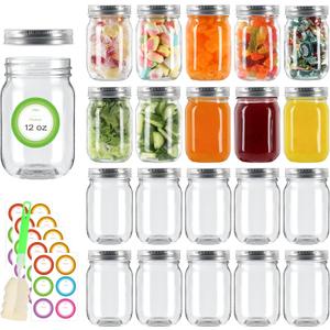 20 Pack 12 oz Mason Jars with Sliver Lids, Regular Mouth Glass Canning Jars with Labels and Brusher for Storage, Canning & Preserving, Dishwasher & Microwave Safe