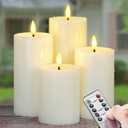 Outdoor 4pcs Flameless Waterproof Candles with Handy Remote Control, Cycle Timer Battery Operated Candle Grease Effect LED Flickering Pillar Plastic Long Lasting (Ivory, 3" x4" 5" 6" 7")